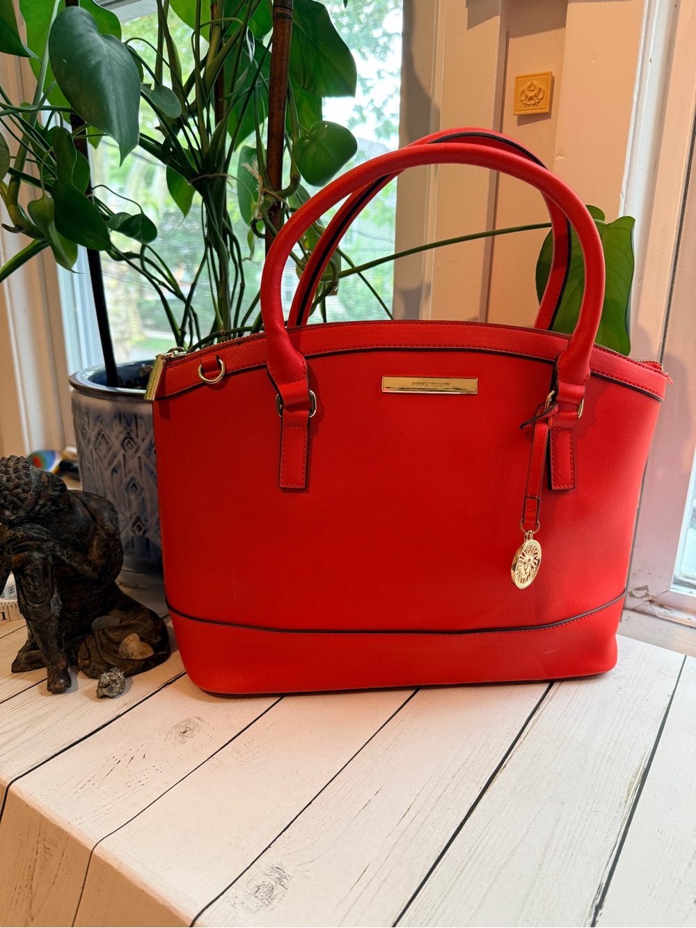 Anne Klein Red Dome Structured Satchel Handbag Gold Tone Accents